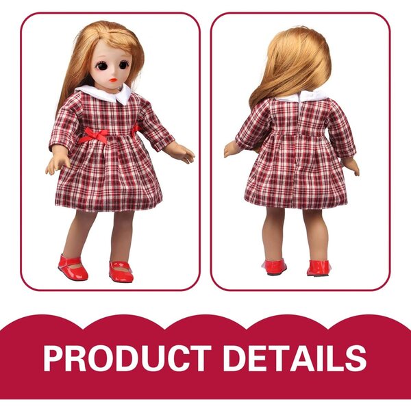 Winterkleidungsset für 18-Zoll-Puppen mit Strickjacke, Mütze und rot kariertem Kleid