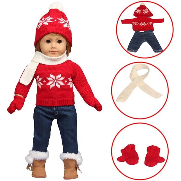 Set mit 5 Stück Weihnachtskleidung für 18-Zoll-Puppe, Pullover, Mütze, Handschuhe, Schal