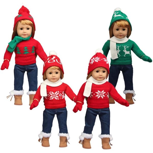 Set mit 5 Stück Weihnachtskleidung für 18-Zoll-Puppe, Pullover, Mütze, Handschuhe, Schal