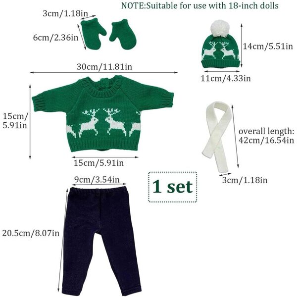 Set mit 5 Stück Weihnachtskleidung für 18-Zoll-Puppe, Pullover, Mütze, Handschuhe, Schal
