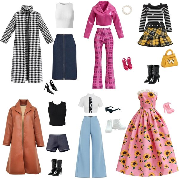 Set mit 21 modischen Kleidungsstücken für 21,5-cm-Puppen mit Hahnentritt-Trenchcoat und Lederjacke