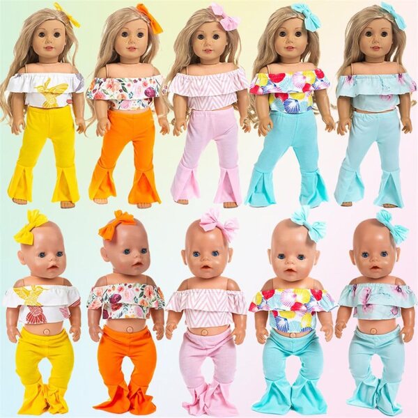 Modische Kleidung für eine 46 cm große amerikanische Puppe mit Bootcut-Hose, Schleife und Kopfschmuck