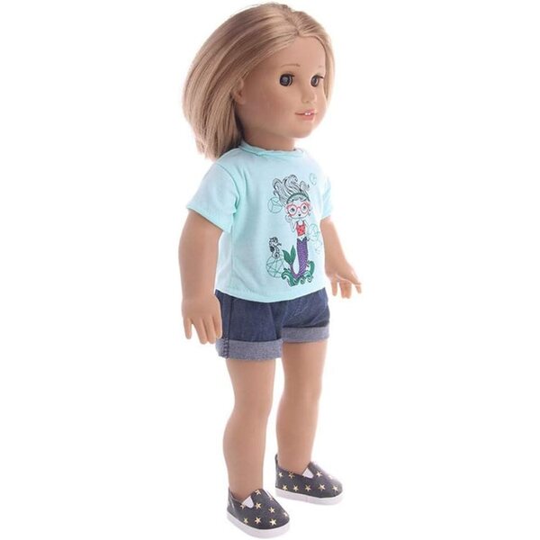 Kleidung für 46-cm-Puppen mit Meerjungfrauen-Aufdruck: buntes T-Shirt und Shorts