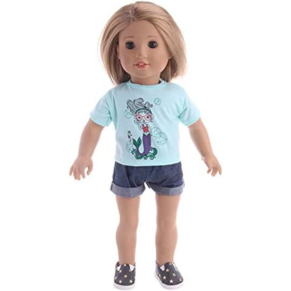 Kleidung für 46-cm-Puppen mit Meerjungfrauen-Aufdruck: buntes T-Shirt und Shorts