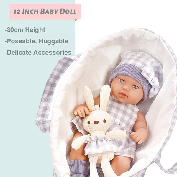 Jorzer Babypuppe 12 Zoll mit Wiege und lila Hase, Spielset für Kinder ab 3 Jahren