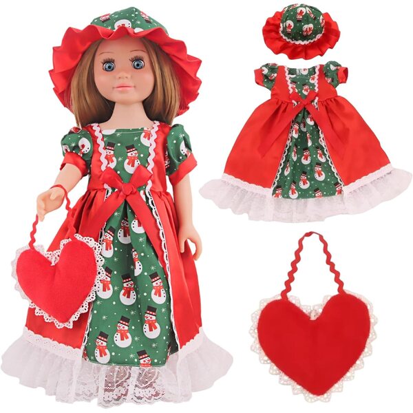 Vestito Natalizio per Bambole Americane 18 Pollici con Cappello e Borsa