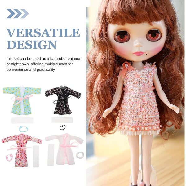 Set 4 Pezzi Vestiti e Accessori per Bambole con Pigiama, Accappatoio e Fascia per Capelli
