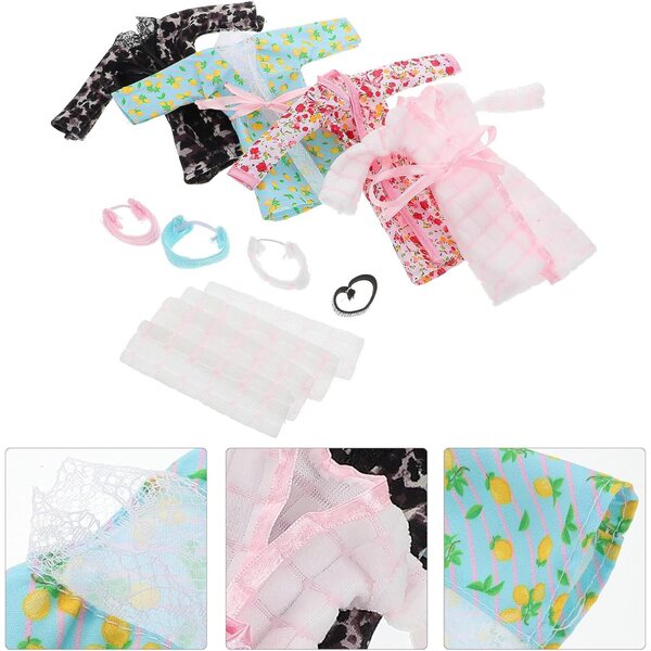 Set mit 4 Schlafanzügen und Bademänteln für Puppen mit Stirnband und Handtuch – komplettes und weiches Set
