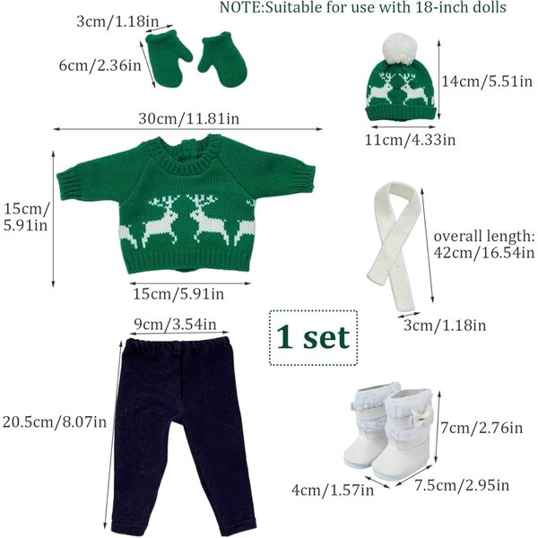 Weihnachtskleidung für 18-Zoll-Puppen – Komplettset mit Pullover, Hose und Accessoires