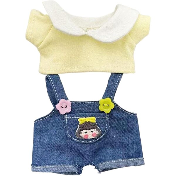 Kleidungsset für 17-cm-Puppen mit gelbem T-Shirt und Sonnenblumen-Overall aus weichem Stoff