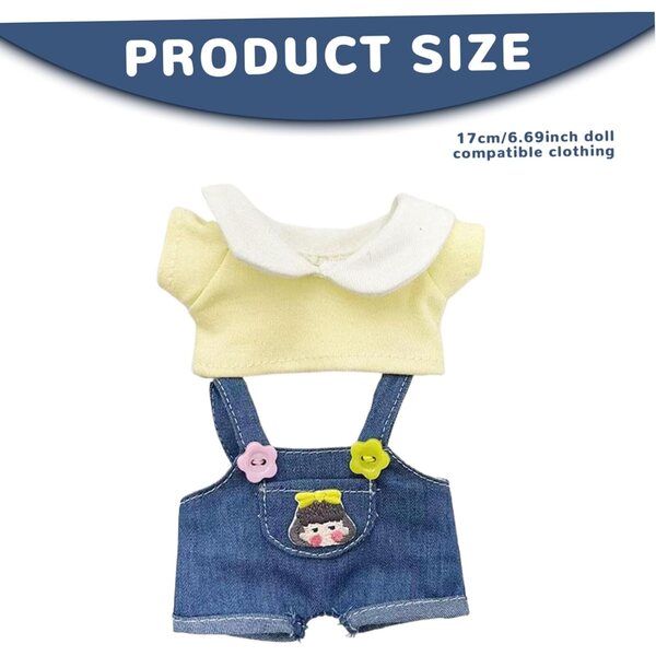 Kleidungsset für 17-cm-Puppen mit gelbem T-Shirt und Sonnenblumen-Overall aus weichem Stoff