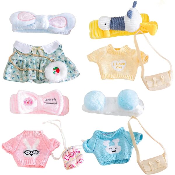 Set mit 4 Kawaii-Kleidungsstücken für eine 30 cm große Plüschente mit Stirnband und farbiger Tasche