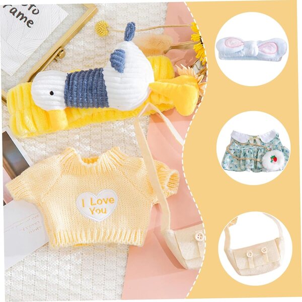 Set mit 4 Kawaii-Kleidungsstücken für eine 30 cm große Plüschente mit Stirnband und farbiger Tasche