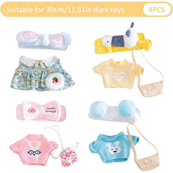 Set mit 4 Kawaii-Kleidungsstücken für eine 30 cm große Plüschente mit Stirnband und farbiger Tasche