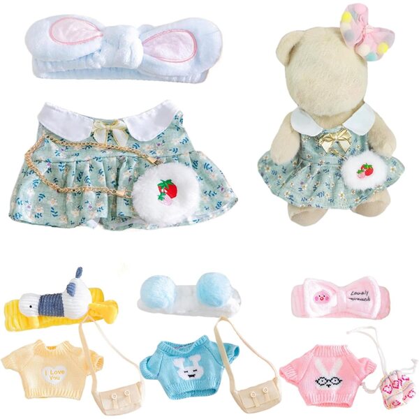 Set mit 4 Kawaii-Kleidungsstücken für eine 30 cm große Plüschente mit Stirnband und farbiger Tasche
