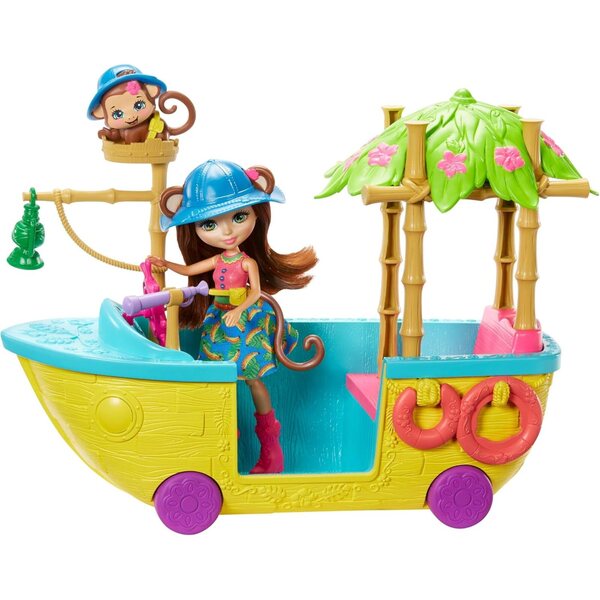 Enchantimals Playset Barca della Giungla con Bambola Merit e Amico Cucciolo Compass 4+