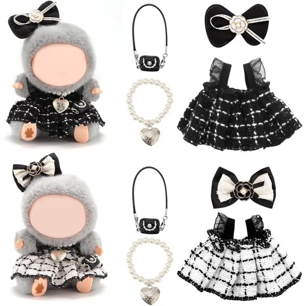 Set accessori per bambole 17 cm WALLFID, 8 pezzi vestito, borsa, collana e clip