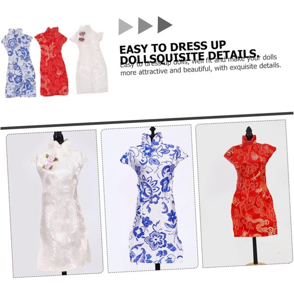 Set 3 Vestiti Cheongsam per Bambole 30cm - Abiti Tradizionali Cinesi in Tessuto Colorato