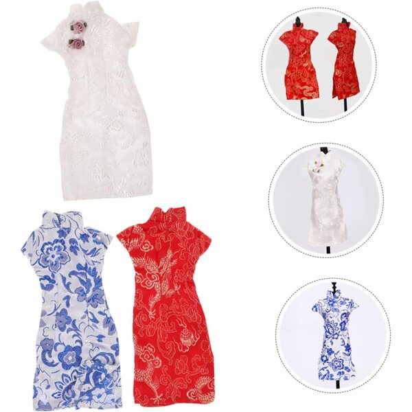 Set 3 Vestiti Cheongsam per Bambole 30cm - Abiti Tradizionali Cinesi in Tessuto Colorato
