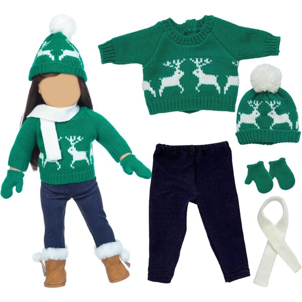 Gestrickte Winterkleidung für 18-Zoll-Puppen mit Pullover, Hose, Mütze, Handschuhen und Schal