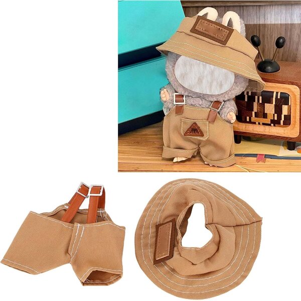 Elegantes Kleidungsset für 17 cm große Puppen mit braunen Hosenträgern und Fischerhut