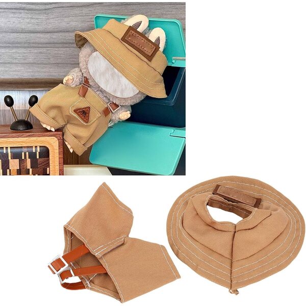 Elegantes Kleidungsset für 17 cm große Puppen mit braunen Hosenträgern und Fischerhut