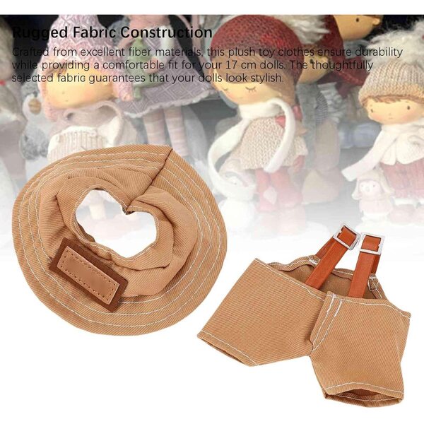 Elegantes Kleidungsset für 17 cm große Puppen mit braunen Hosenträgern und Fischerhut