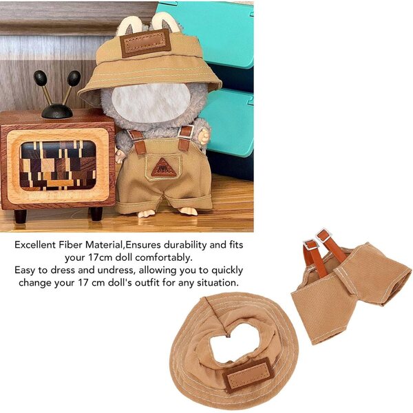 Elegantes Kleidungsset für 17 cm große Puppen mit braunen Hosenträgern und Fischerhut