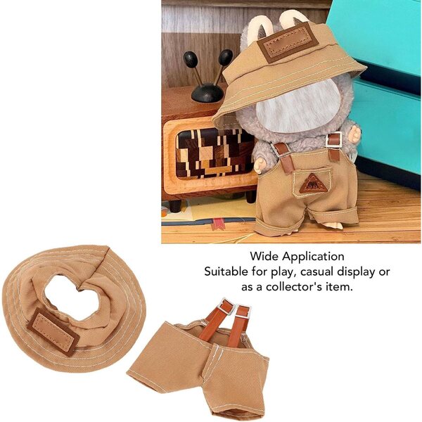 Elegantes Kleidungsset für 17 cm große Puppen mit braunen Hosenträgern und Fischerhut