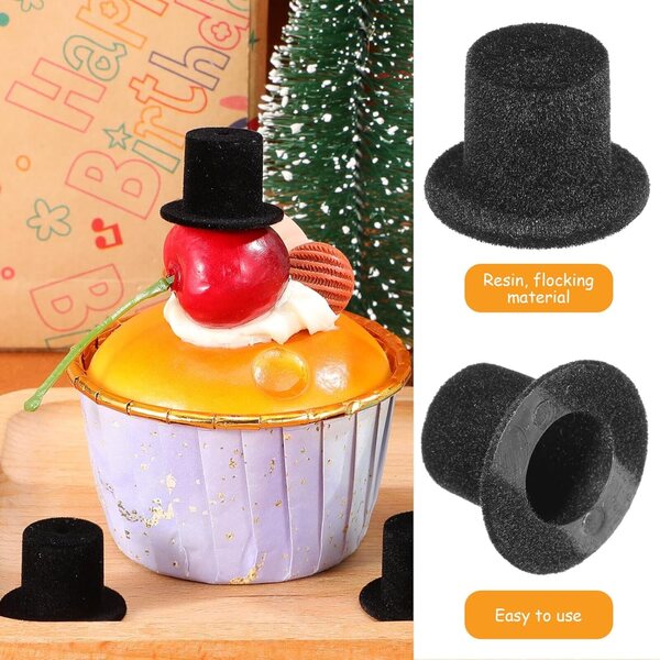 Set 20 Mini Cappelli a Cilindro in Resina Floccata Neri per Bambole e Decorazioni Artigianali