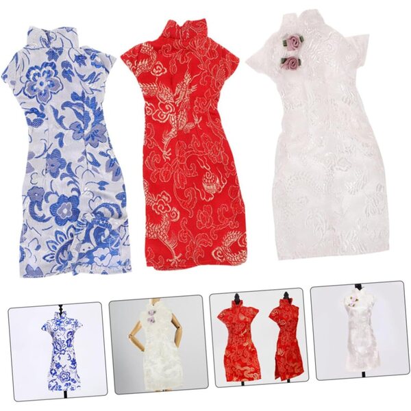 3 Vestiti Cheongsam per Bambola in Tessuto Reutilizzabili e Tradizionali Cinesi