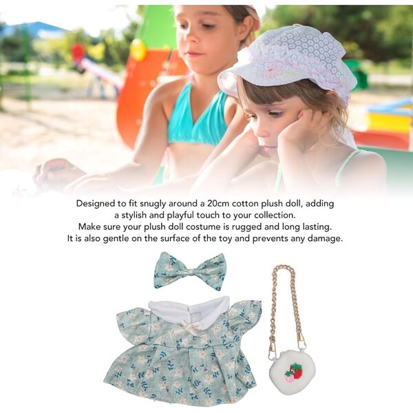 Kleid für 20 cm große Plüschpuppen aus Baumwolle mit Schleife und Ausla-Tasche