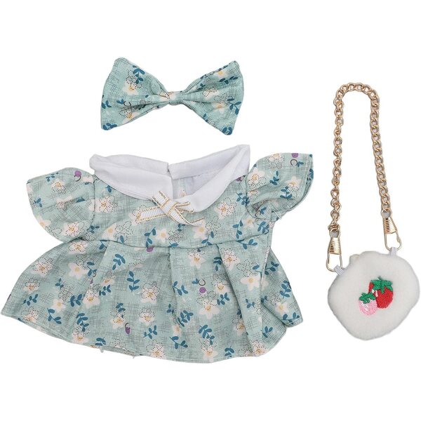 Kleid für 20 cm große Plüschpuppen aus Baumwolle mit Schleife und Ausla-Tasche