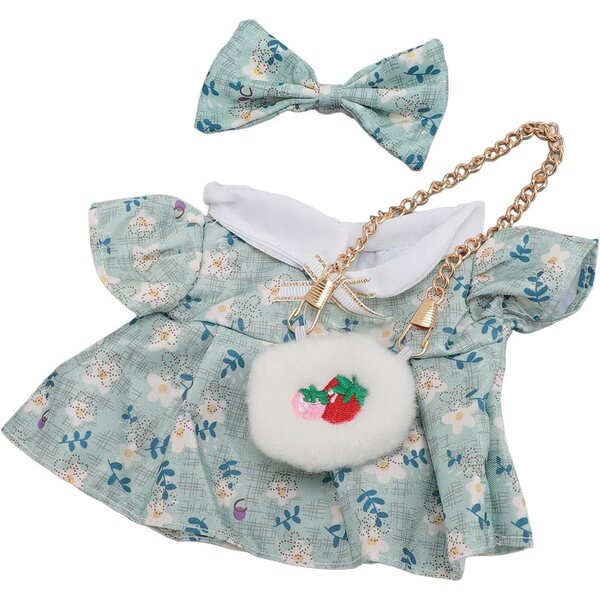 Kleid für 20 cm große Plüschpuppen aus Baumwolle mit Schleife und Ausla-Tasche