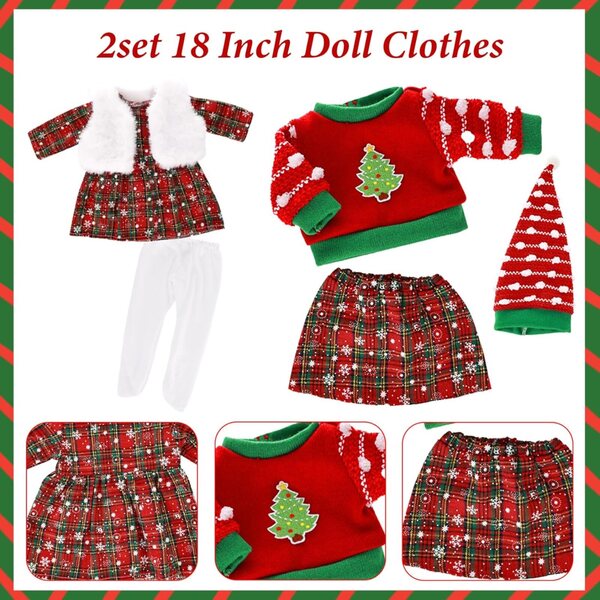 Set 2 Vestiti Invernali di Natale per Bambole da 18 Pollici con Gonna, Maglione e Cappello