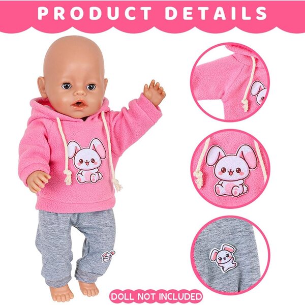 Sportset 43 cm mit Kapuze und Cartoon-Aufdruck für Puppen – Kinderbekleidung