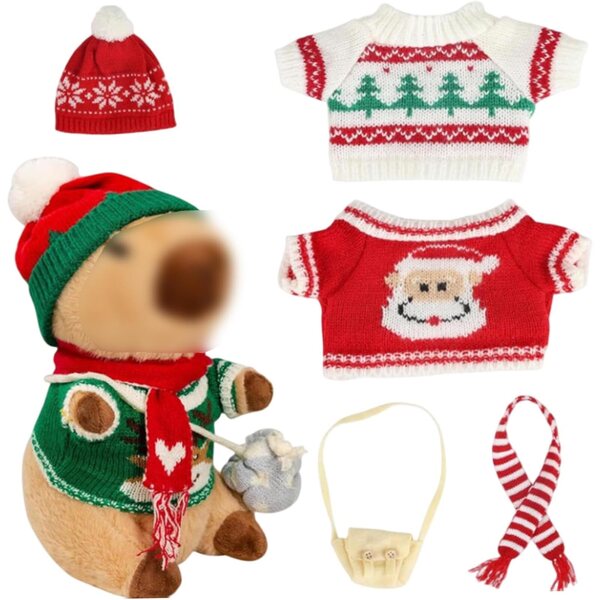 Set vestiti natalizi per bambole capibara 10" con cappello, sciarpa, maglione e borsa rossi