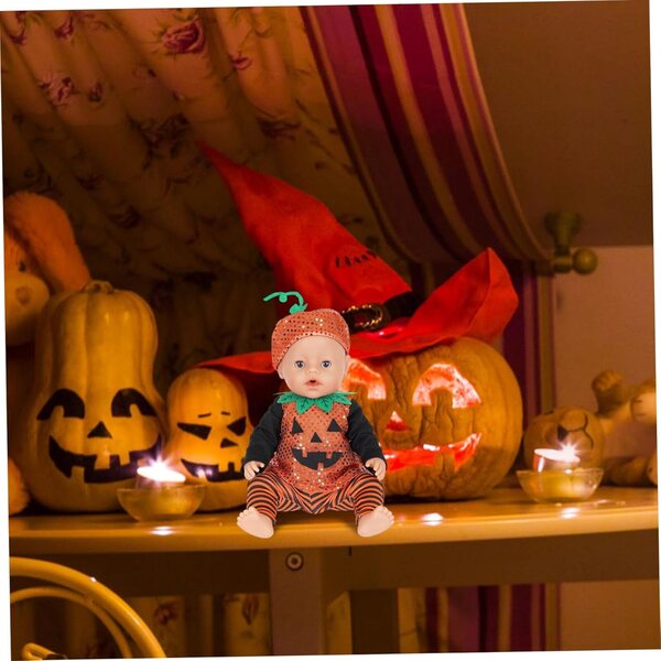 Halloween-Kleidung für 16/18-Zoll-Puppen – Kürbisoberteil, gestreifte Hosen und Hüte