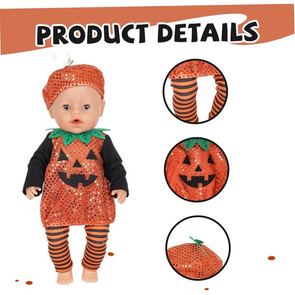 Halloween-Kleidung für 16/18-Zoll-Puppen – Kürbisoberteil, gestreifte Hosen und Hüte