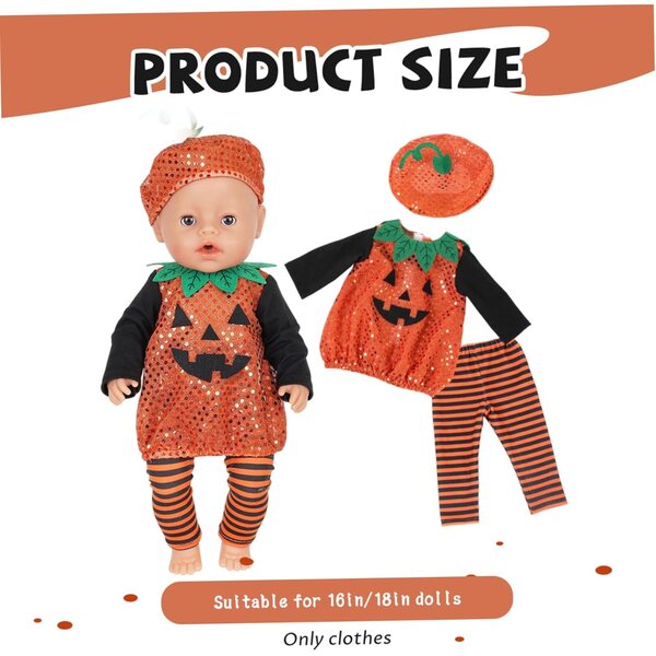 Halloween-Kleidung für 16/18-Zoll-Puppen – Kürbisoberteil, gestreifte Hosen und Hüte