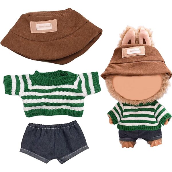 Labubu Puppenkleidungsset 38 cm 3-teilig grün mit Mütze, Pullover, Hose