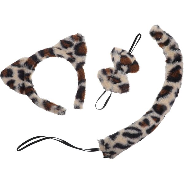 Set Costumi Animali Bambini con Fascia Orecchie Leopardate e Coda Peluche Morbida
