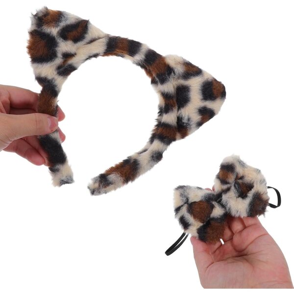 Set Costumi Animali Bambini con Fascia Orecchie Leopardate e Coda Peluche Morbida