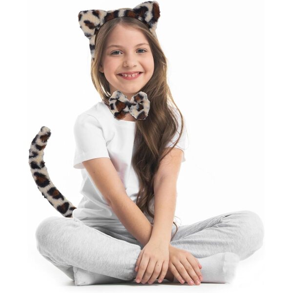Set Costumi Animali Bambini con Fascia Orecchie Leopardate e Coda Peluche Morbida