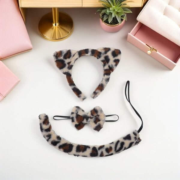 Set Costumi Animali Bambini con Fascia Orecchie Leopardate e Coda Peluche Morbida