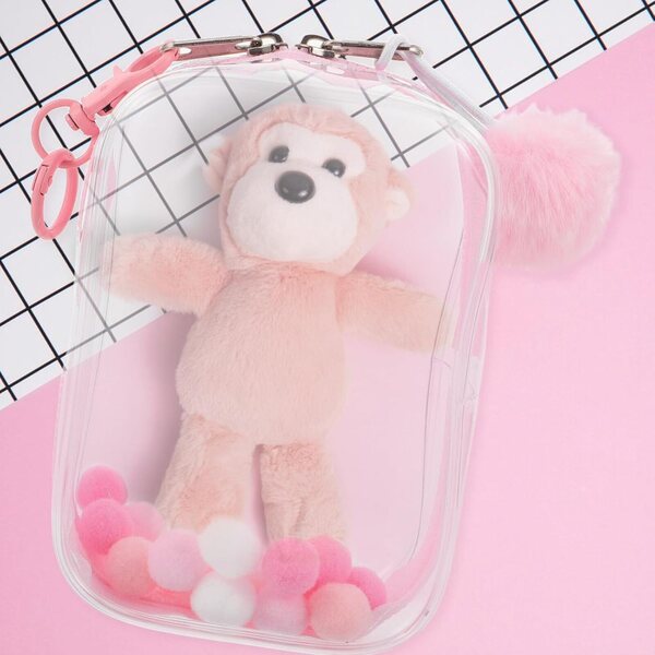 Gatuida Custodia trasparente per bambole e peluche con cerniera e peluche rosa 14x10x5,5 cm