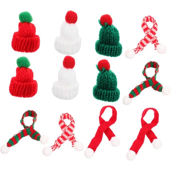 Vaguelly Set mit 12 farbigen Mini-Strick-Weihnachtsmützen und Schals für selbstgemachte Dekorationen