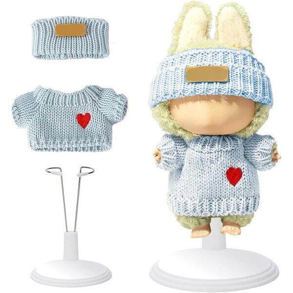 17-cm-Puppenkleidungsset mit blauem Pullover, Mütze und verstellbarer Stütze
