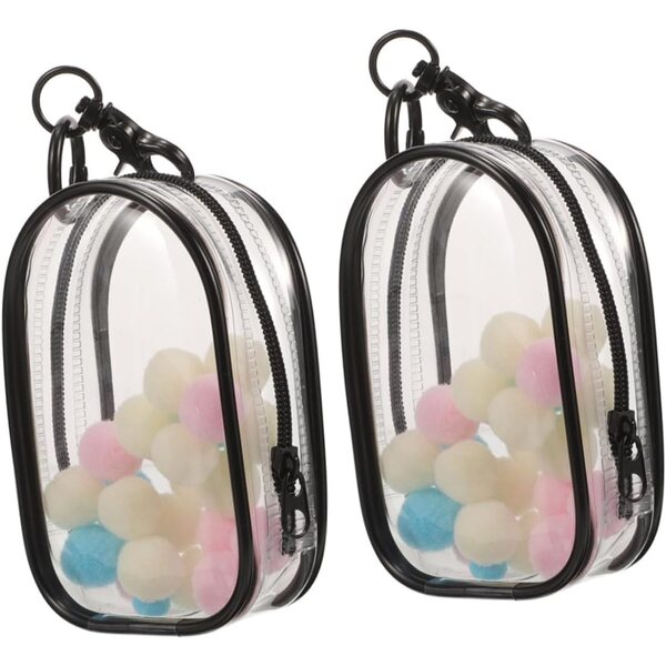 Set 2 Borse Espositive Trasparenti per Bambole con Portachiavi e Decorazione Pom Pom