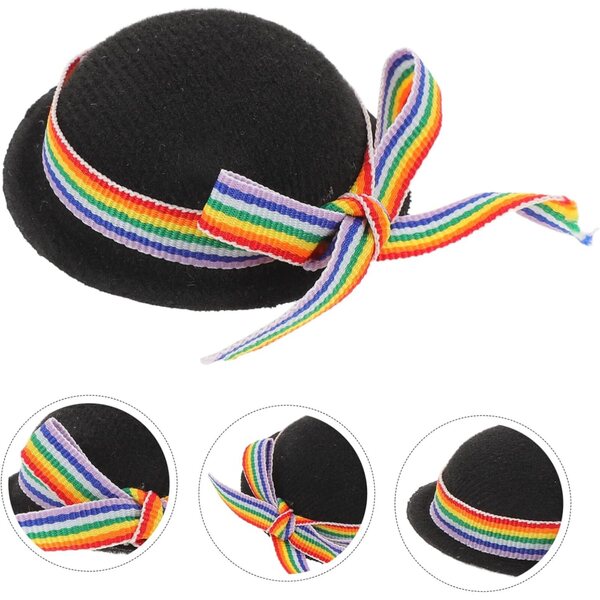 Formale Mini-Hüte für Puppen aus schwarzem Filz mit farbigem Band – Set mit 4 Stück